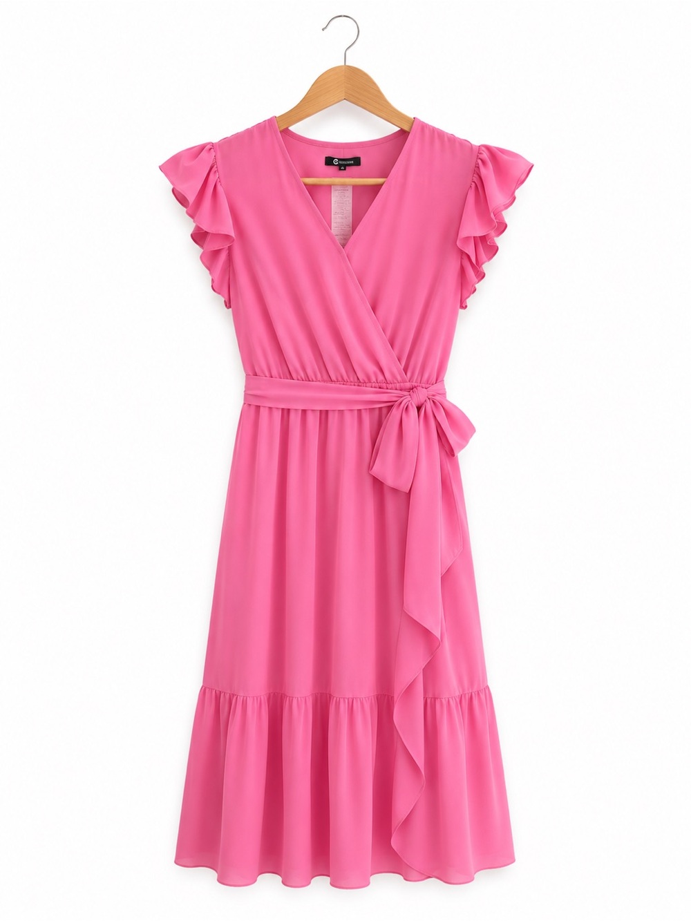 NWT PRETTYGARDEN Pink Wrap Midi Dress S Flutter Sleeve Tie Waist Wedding guest